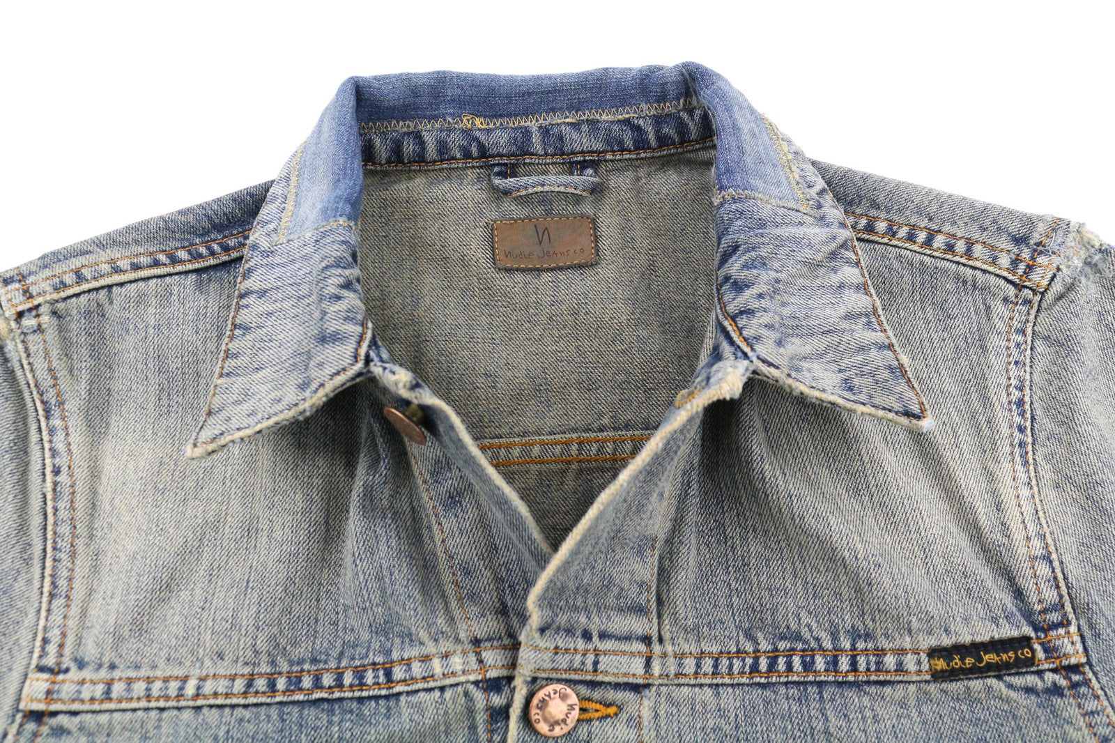 NUDIE Ronny Patches Mens Jacket XS Faded Blue Pockets Unlined  Button PL