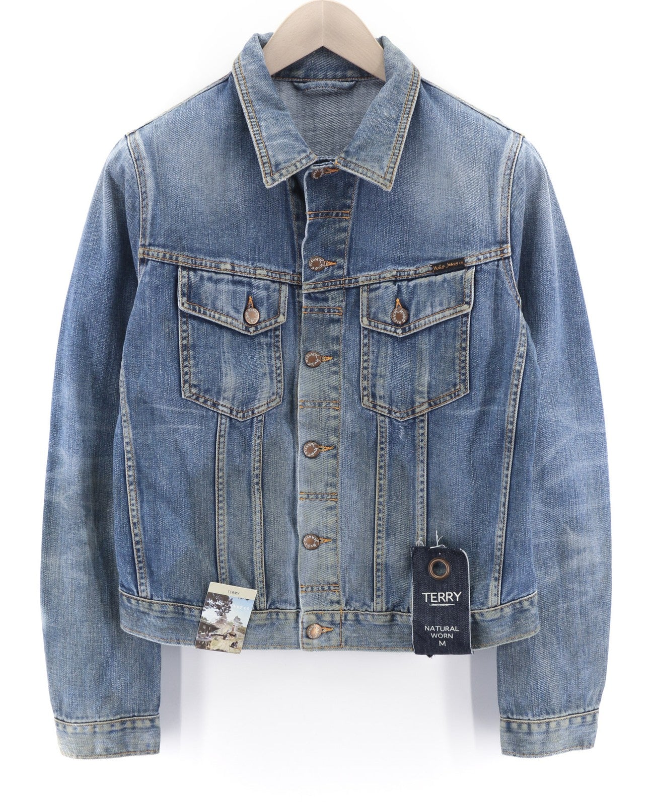 NUDIE Terry Natural Worn Mens Jacket M Aged Look Blue Faded Button Closure PL