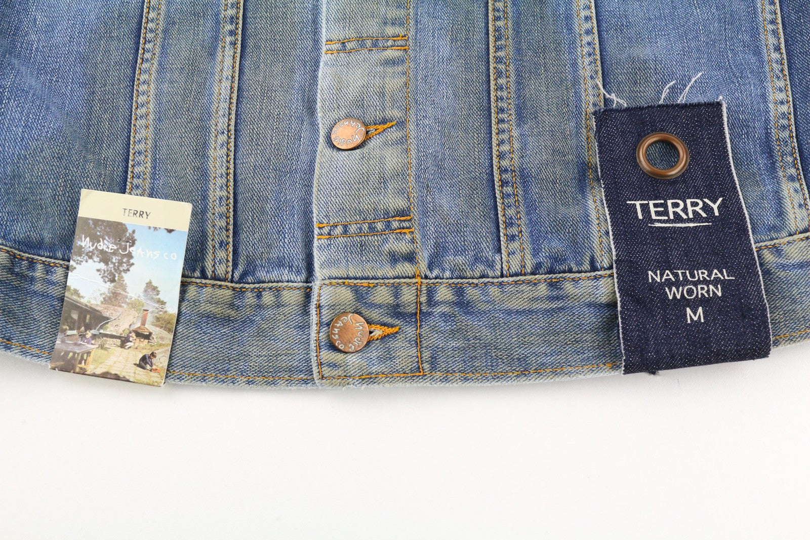 NUDIE Terry Natural Worn Mens Jacket M Aged Look Blue Faded Button Closure PL