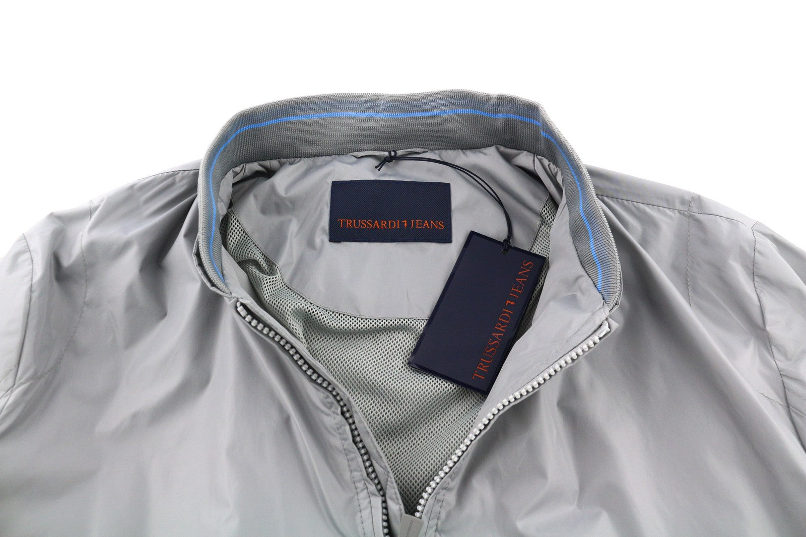 TRUSSARDI JEANS Mens Jacket 52 Grey Lightweight Zip Bomber Long Sleeve