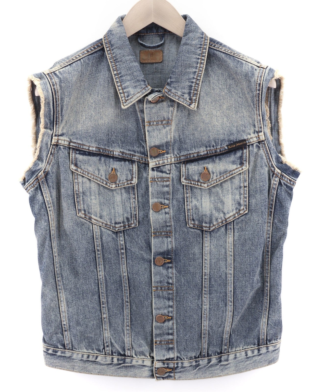 NUDIE Willy Shimmering Indigo Mens Waistcoat M Sleeveless  Distressed