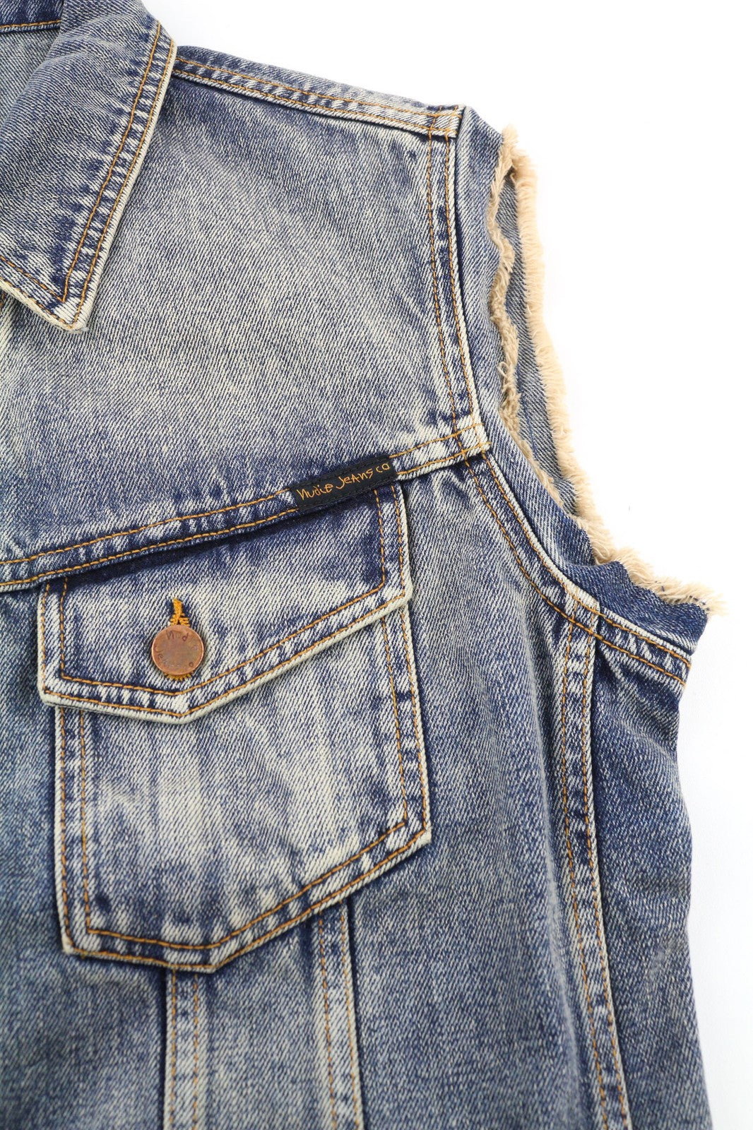 NUDIE Willy Shimmering Indigo Mens Waistcoat M Sleeveless  Distressed