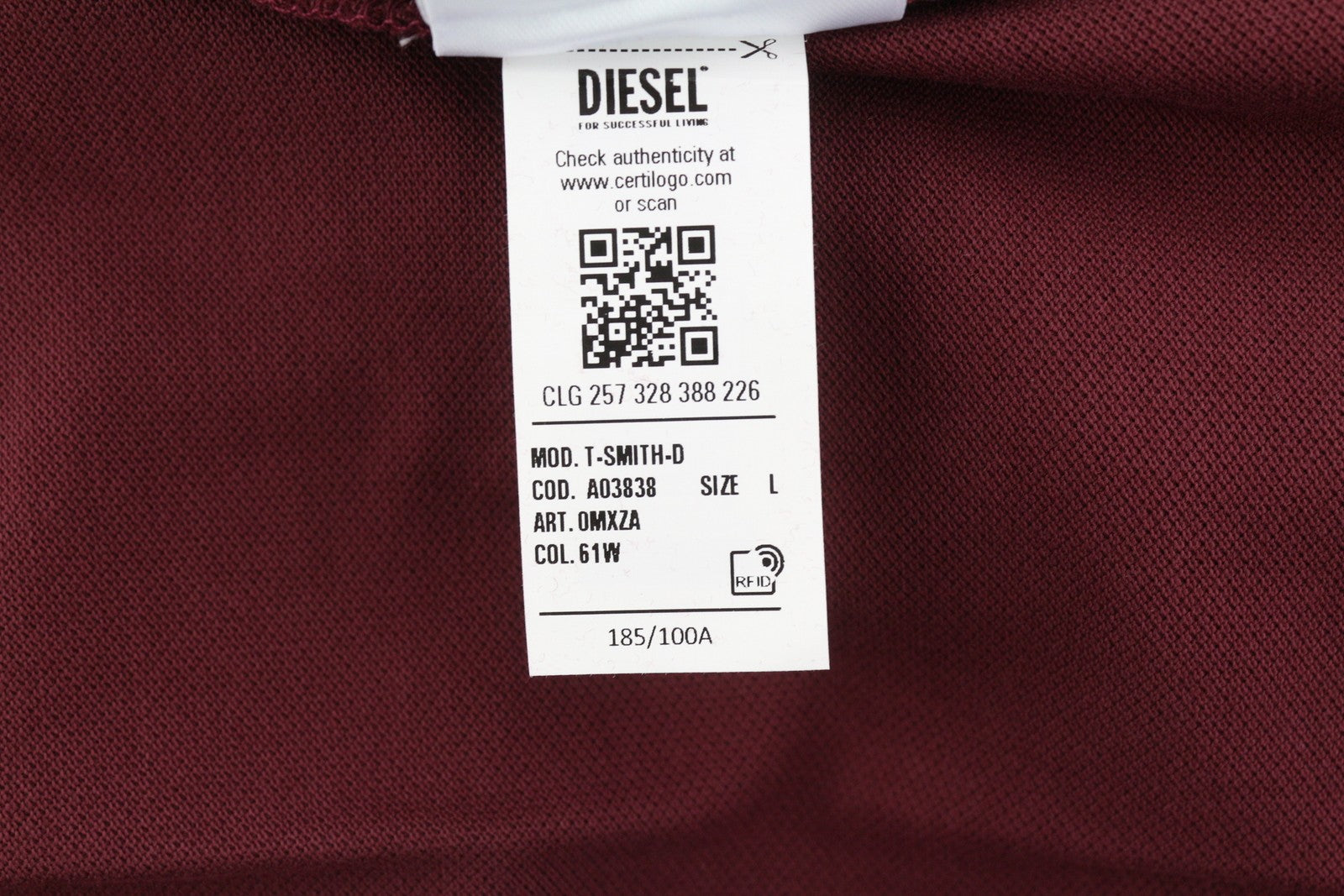 DIESEL T-Smith-D Mens T-Shirt L Short Sleeve Polo Neck Cotton Burgundy