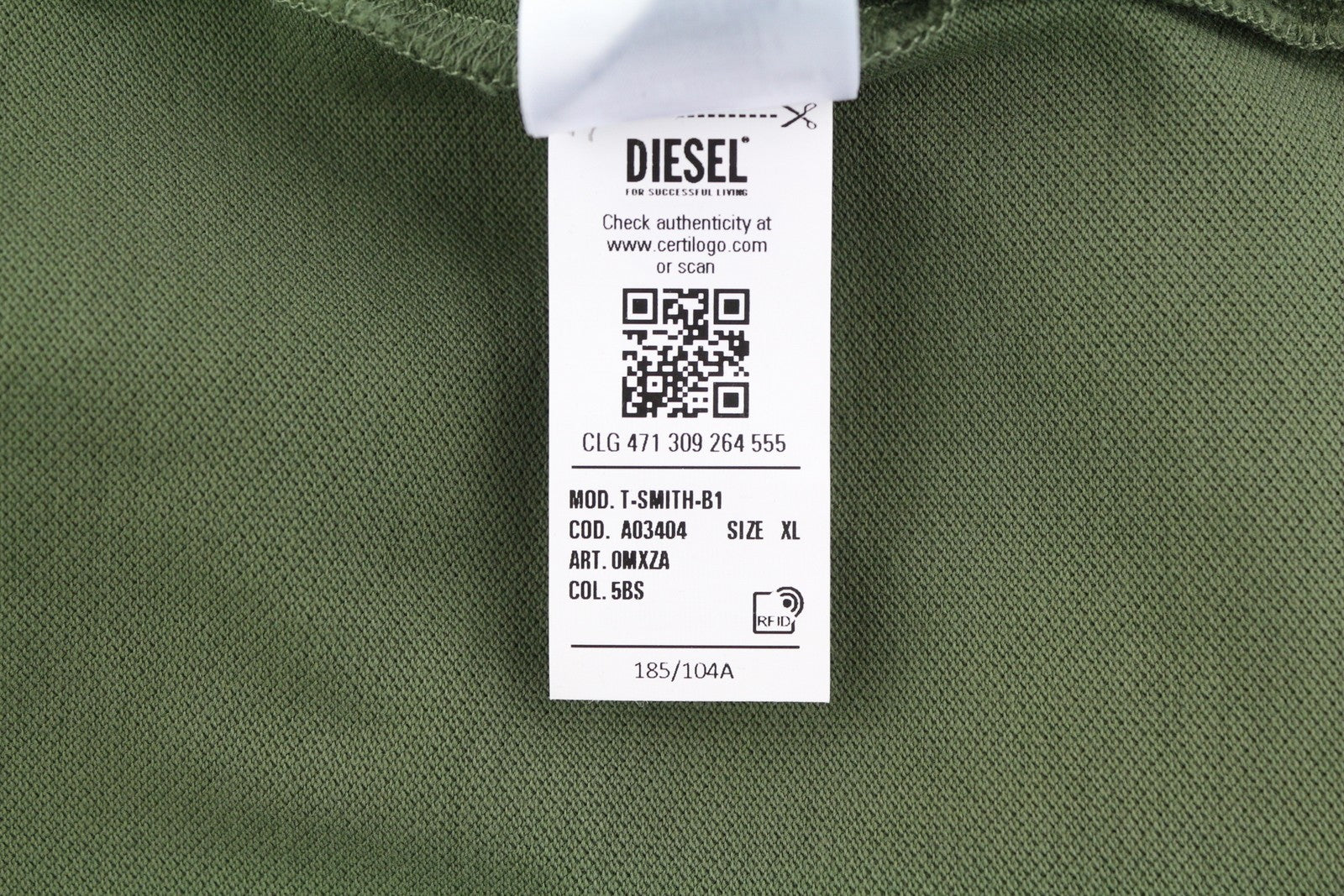 DIESEL T-Smith-B1 Mens T-Shirt XL Short Sleeve Polo Neck Cotton  Khaki Green