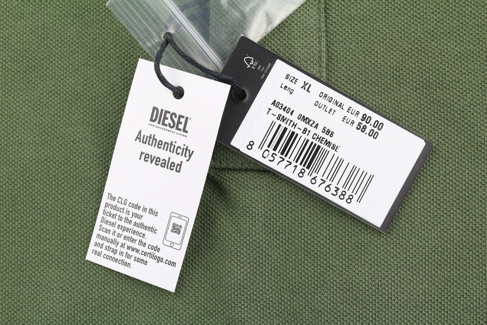 DIESEL T-Smith-B1 Mens T-Shirt XL Short Sleeve Polo Neck Cotton  Khaki Green