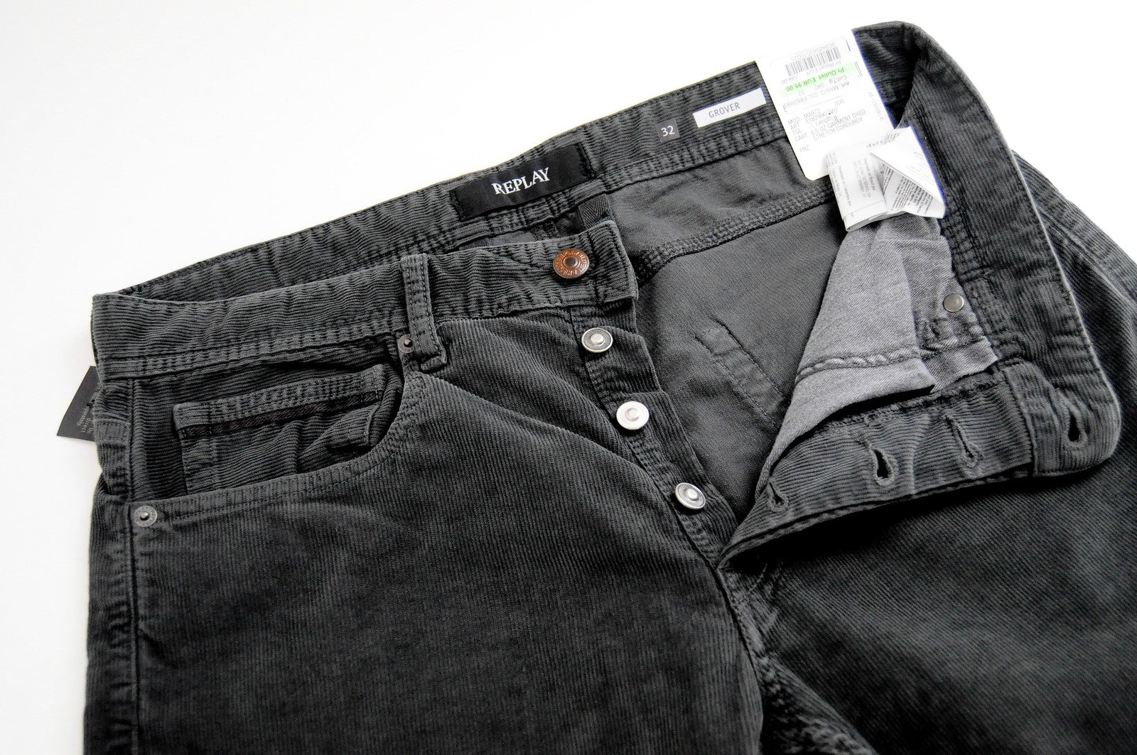 REPLAY Grover Trousers Mens W32 L34 Grey Corduroy Straight  Stretch Fly