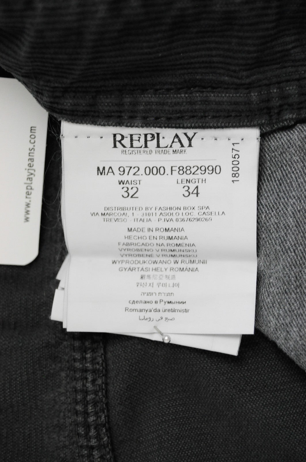 REPLAY Grover Trousers Mens W32 L34 Grey Corduroy Straight  Stretch Fly