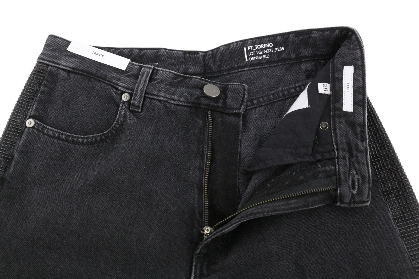 PT TORINO Tracy Womens Jeans W26  Black Straight  Rhinestones Side Ankle