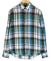 ACNE Mens Shirt 48 Green Blue Checked Pattern Long Sleeve Cotton Linen