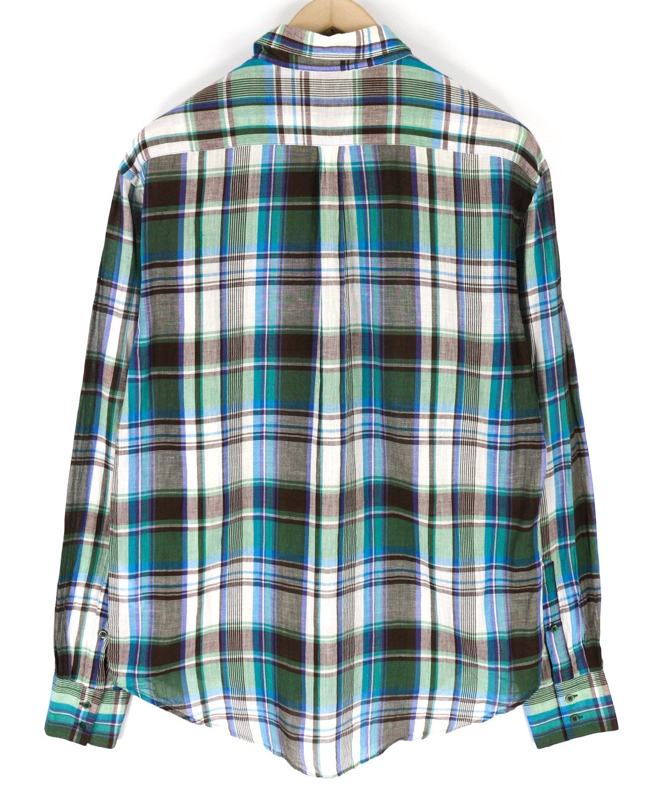ACNE Mens Shirt 48 Green Blue Checked Pattern Long Sleeve Cotton Linen