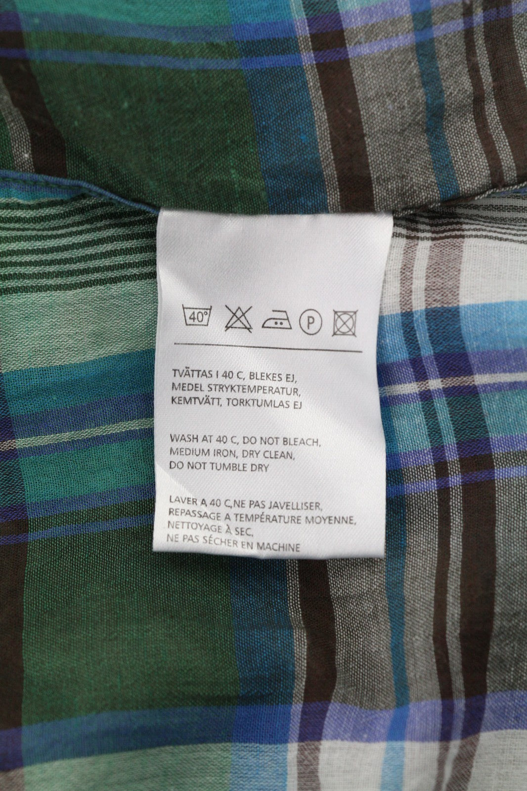 ACNE Mens Shirt 48 Green Blue Checked Pattern Long Sleeve Cotton Linen