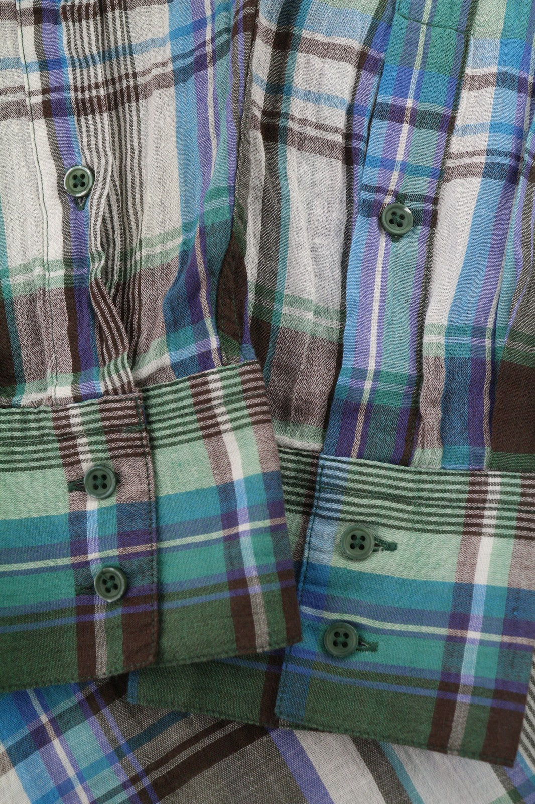 ACNE Mens Shirt 48 Green Blue Checked Pattern Long Sleeve Cotton Linen