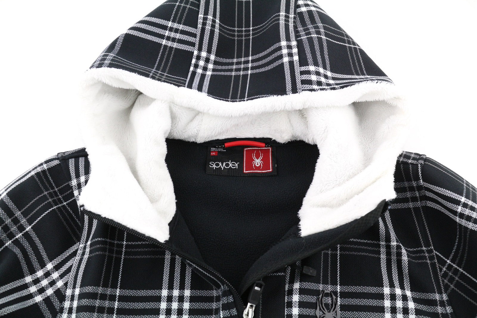 SPYDER Womens Jacket L Black Check Patterned Zip Lined  Hooded