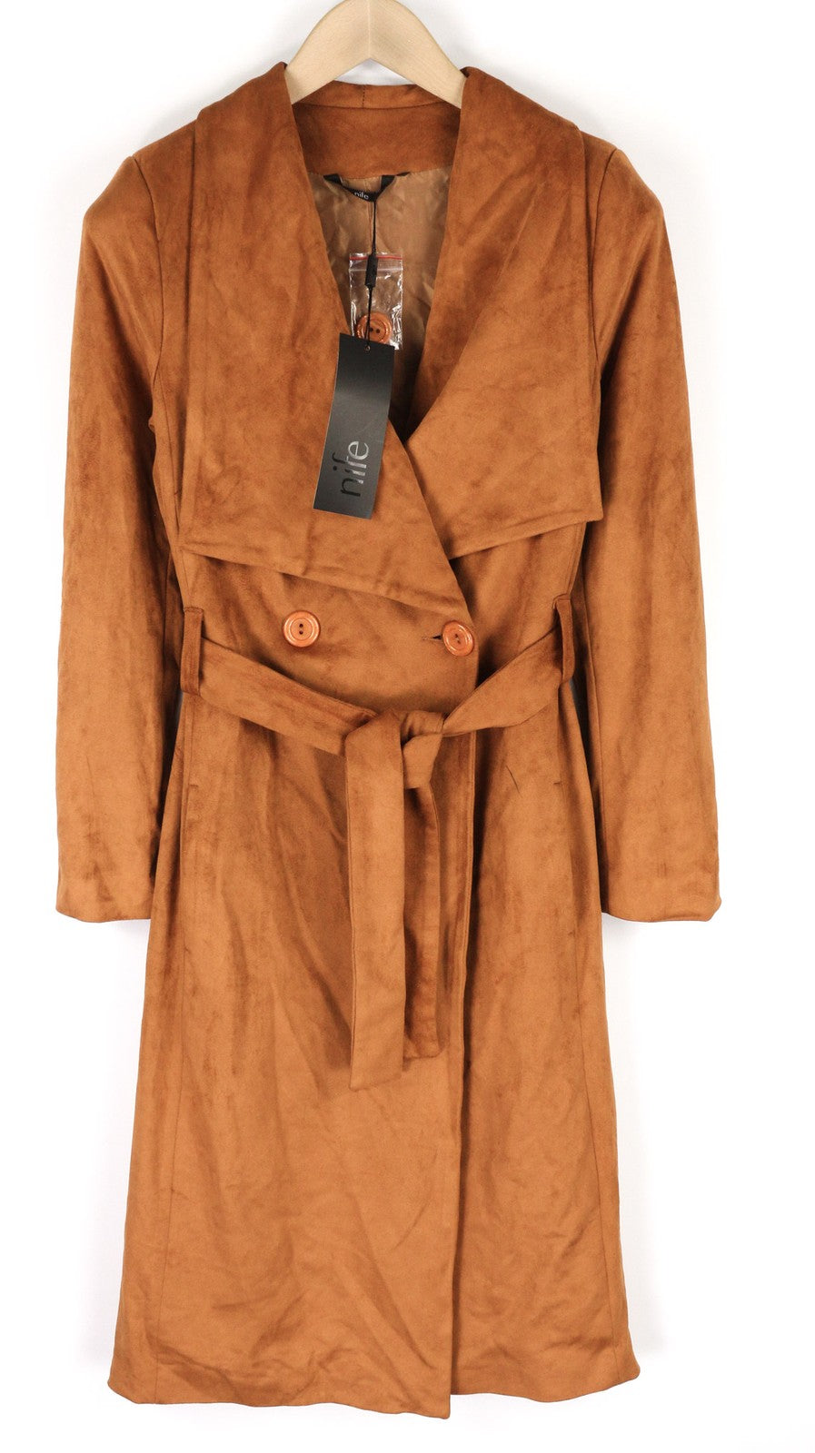 NIFE Womens Coat M Brown Faux Suede Stretch Belted Long Double-Breasted