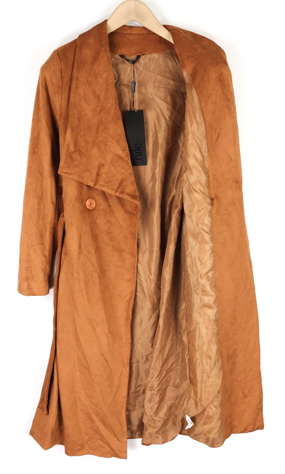 NIFE Womens Coat M Brown Faux Suede Stretch Belted Long Double-Breasted