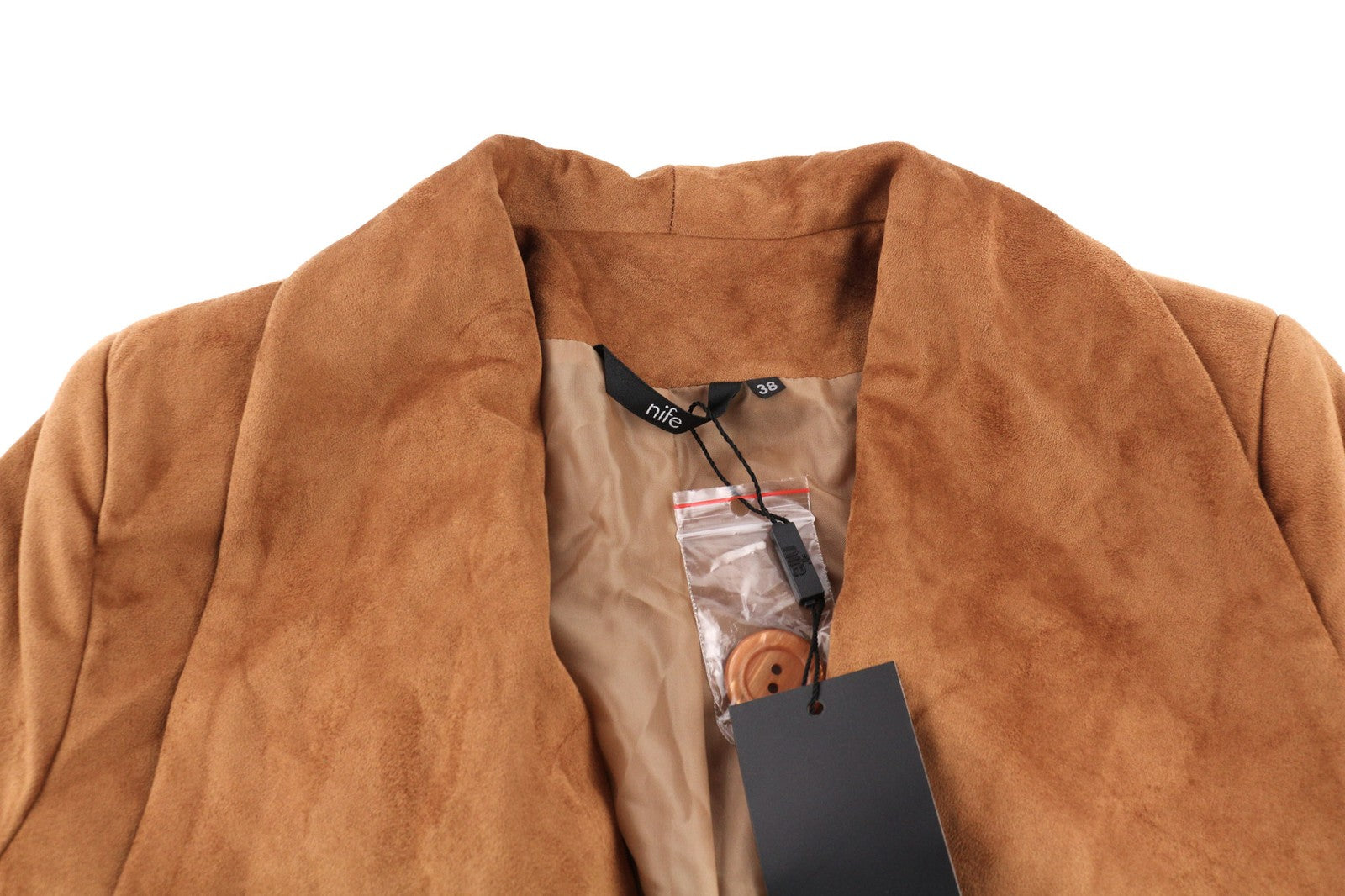 NIFE Womens Coat M Brown Faux Suede Stretch Belted Long Double-Breasted