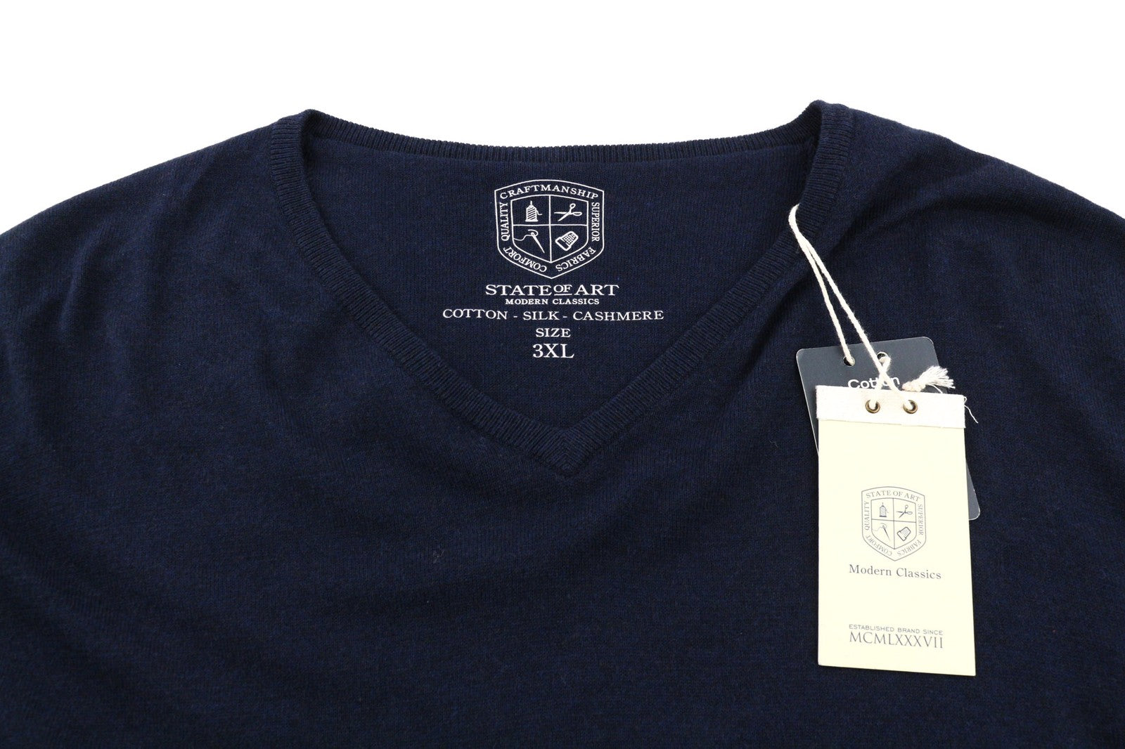 STATE OF ART Mens Sweatshirt 3XL Navy Cotton Silk Cashmere V-Neck Pullover