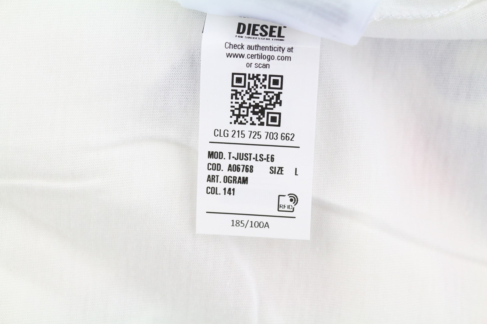 DIESEL T-Just-LS-E6 Mens T-Shirt L White Long Sleeve Crew Collar  Tricot