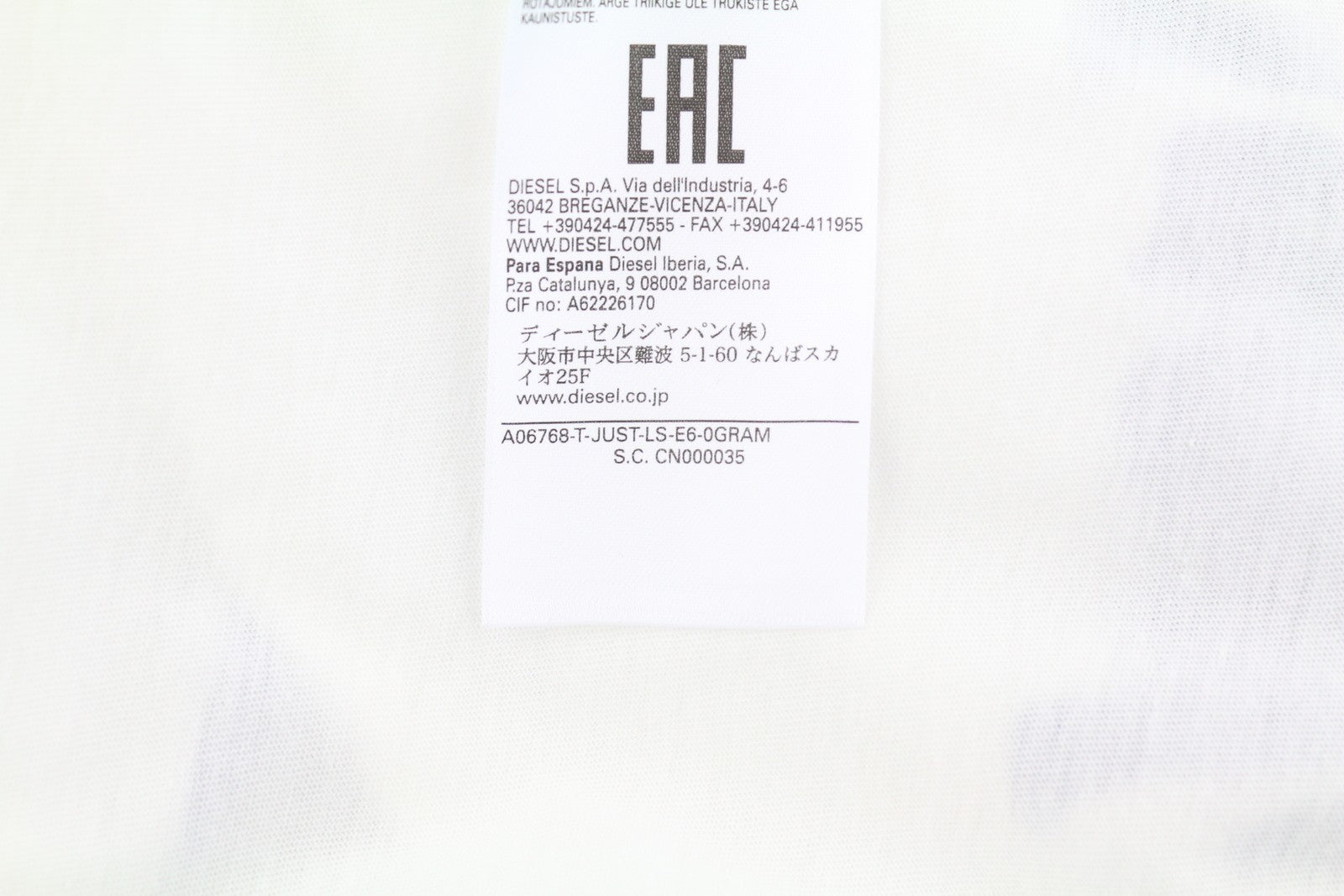 DIESEL T-Just-LS-E6 Mens T-Shirt L White Long Sleeve Crew Collar  Tricot