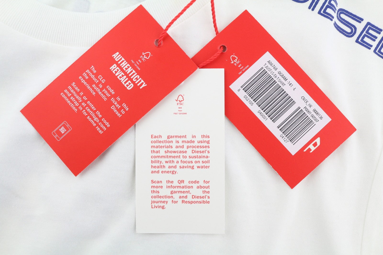 DIESEL T-Just-LS-E6 Mens T-Shirt L White Long Sleeve Crew Collar  Tricot