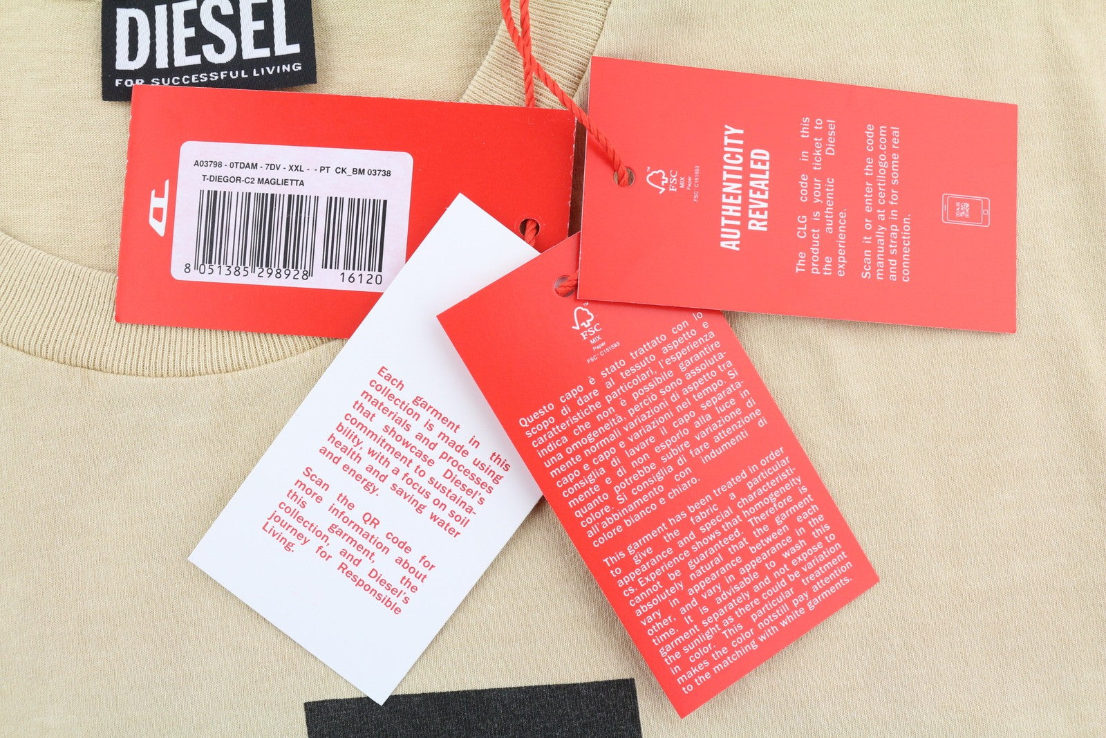 DIESEL T-Diegor-C2 Men T-Shirt 2XL Beige Short Sleeve Crew Neck Tricot Printed