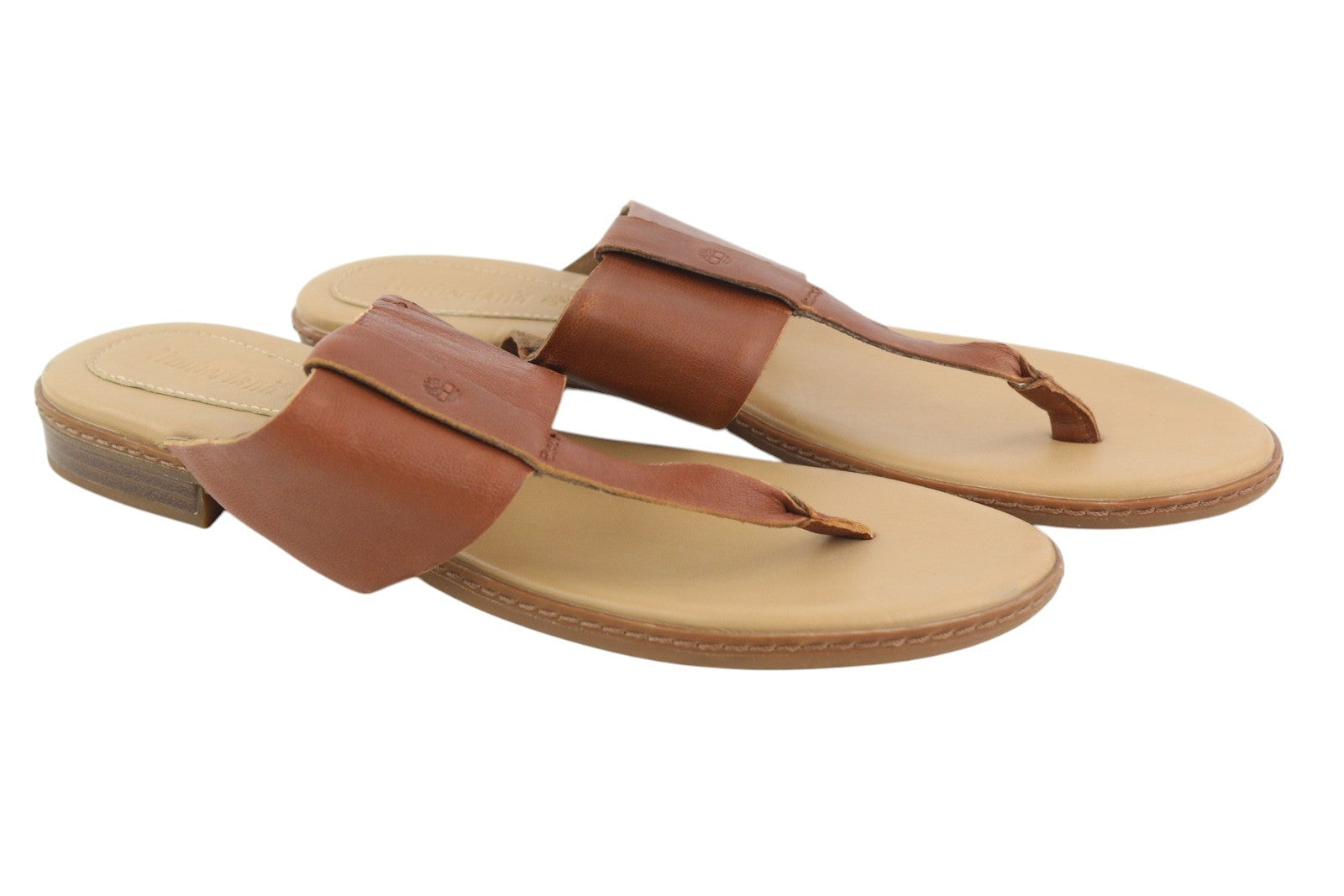 TIMBERLAND A1OZ5 Women Sandals EU39/39.5 Brown Leather Flip Flops Flats Logo