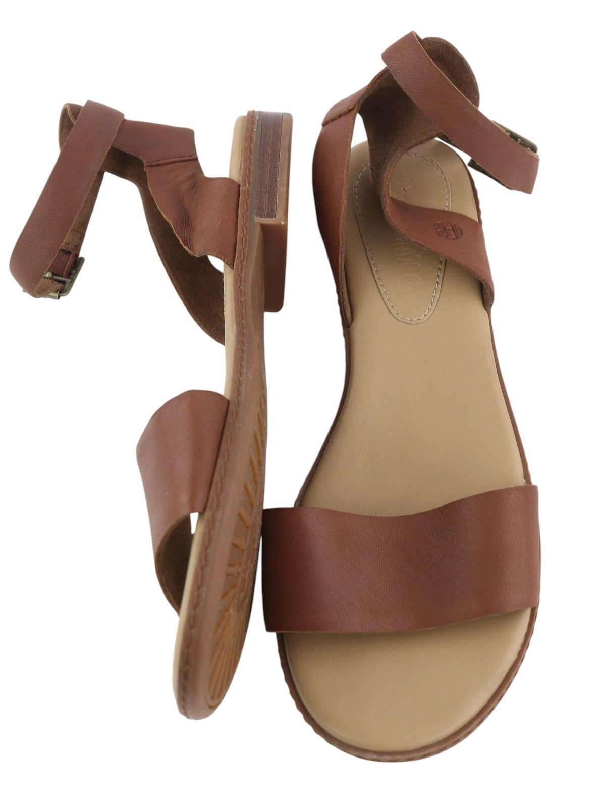 TIMBERLAND A1PCY Women Sandals EU38/38.5 Brown Leather Open Toe Flats Buckle