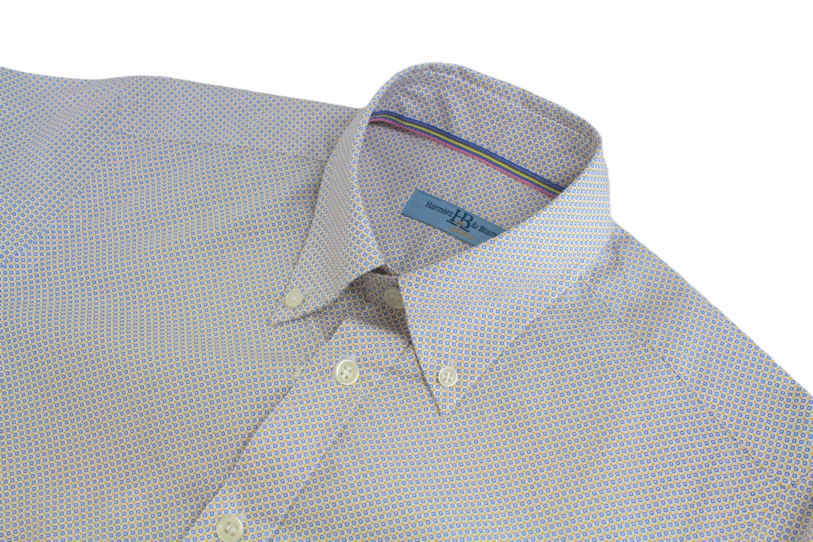 HARMONT & BLAINE Mens S Cotton Shirt Long Sleeve Blue Yellow Pattern White