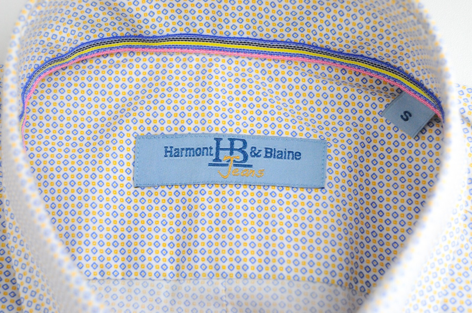 HARMONT & BLAINE Mens S Cotton Shirt Long Sleeve Blue Yellow Pattern White