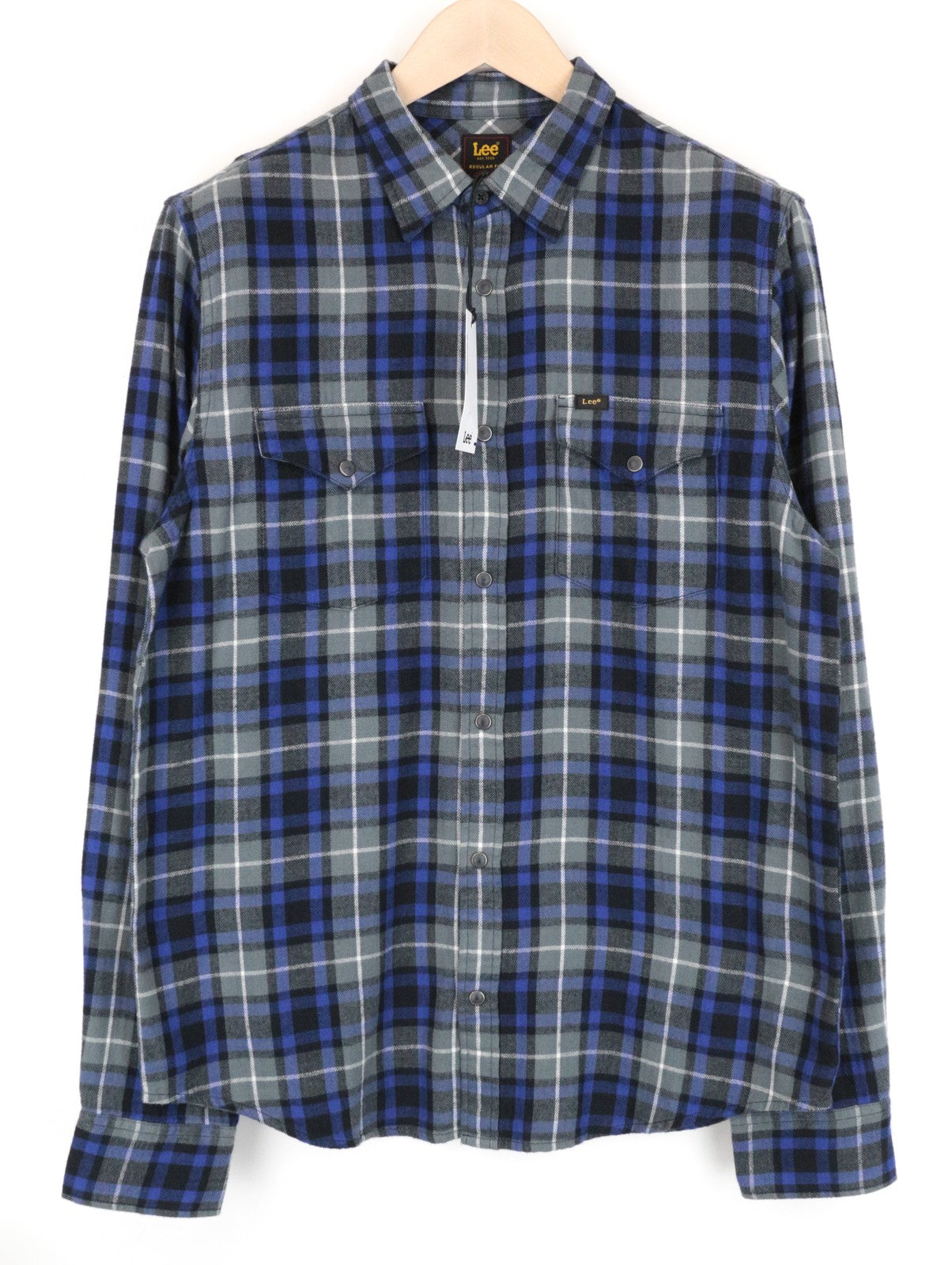 LEE Men's M Blue Snap-Up Shirt Checked Cotton Pattern Long Sleeve Western