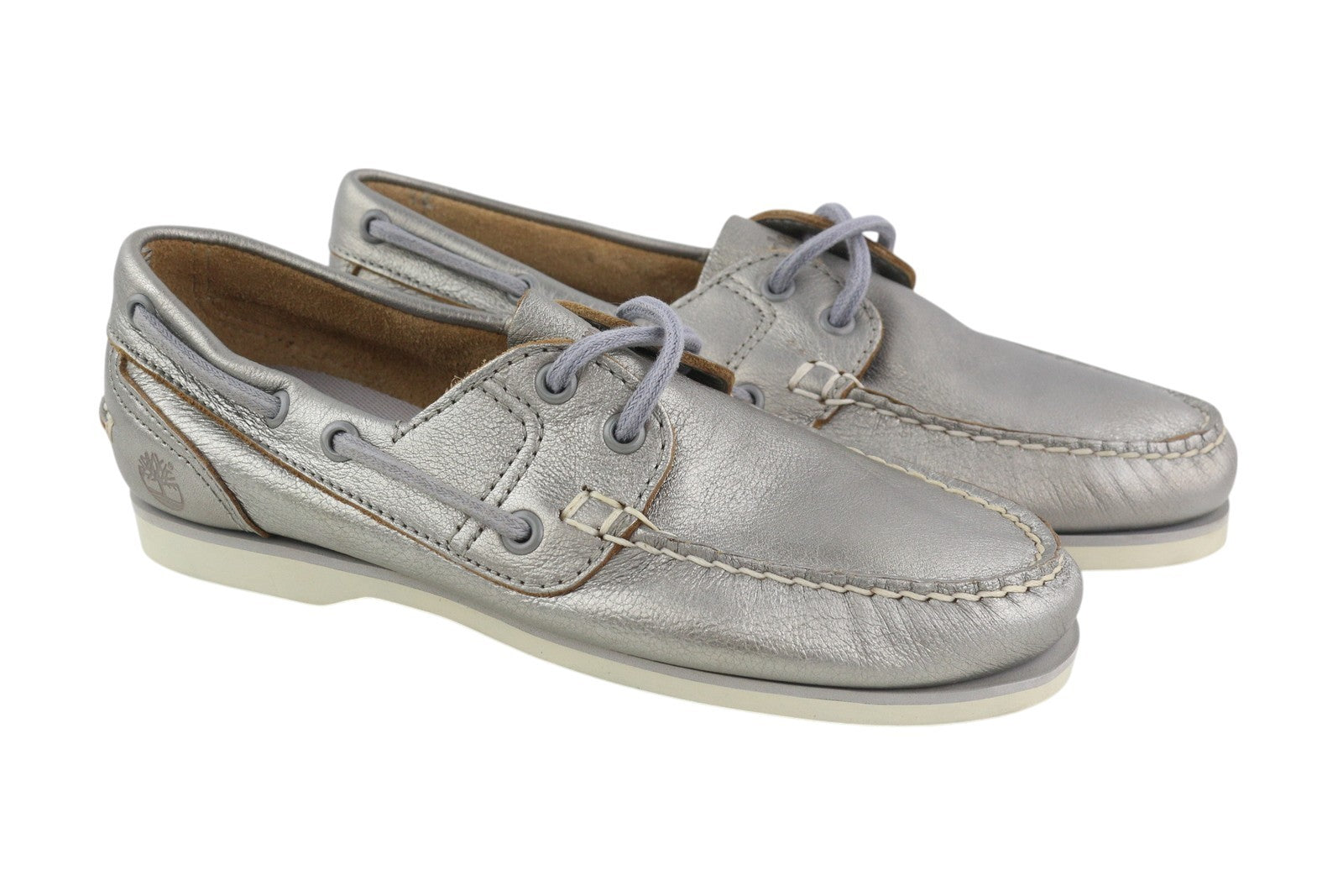 TIMBERLAND A2EPP Women Shoes EU37.5/38.5 Shiny Silver Leather Boat Slip On Laced