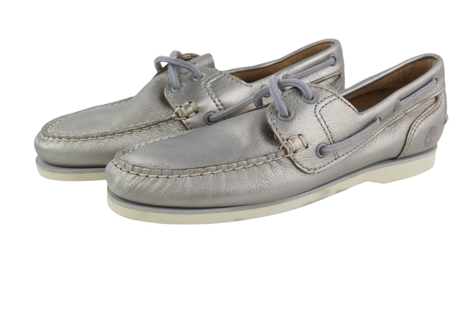 TIMBERLAND A2EPP Women Shoes EU37.5/38.5 Shiny Silver Leather Boat Slip On Laced