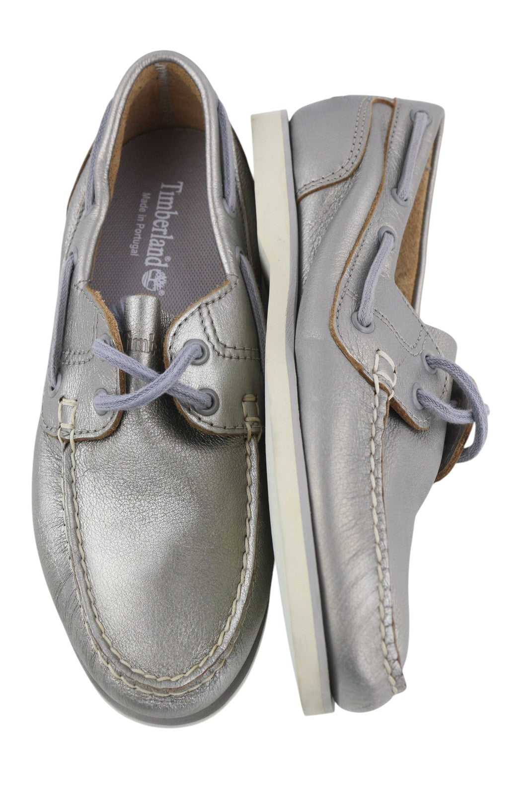 TIMBERLAND A2EPP Women Shoes EU37.5/38.5 Shiny Silver Leather Boat Slip On Laced