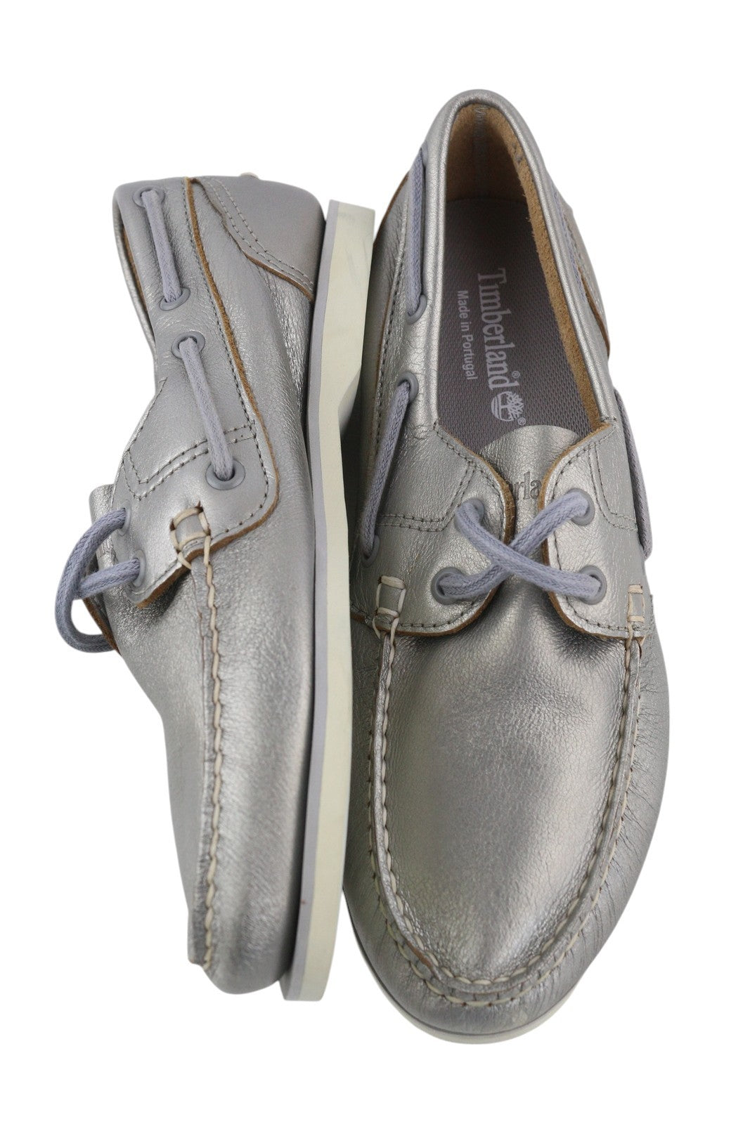 TIMBERLAND A2EPP Women Shoes EU37.5/38.5 Shiny Silver Leather Boat Slip On Laced