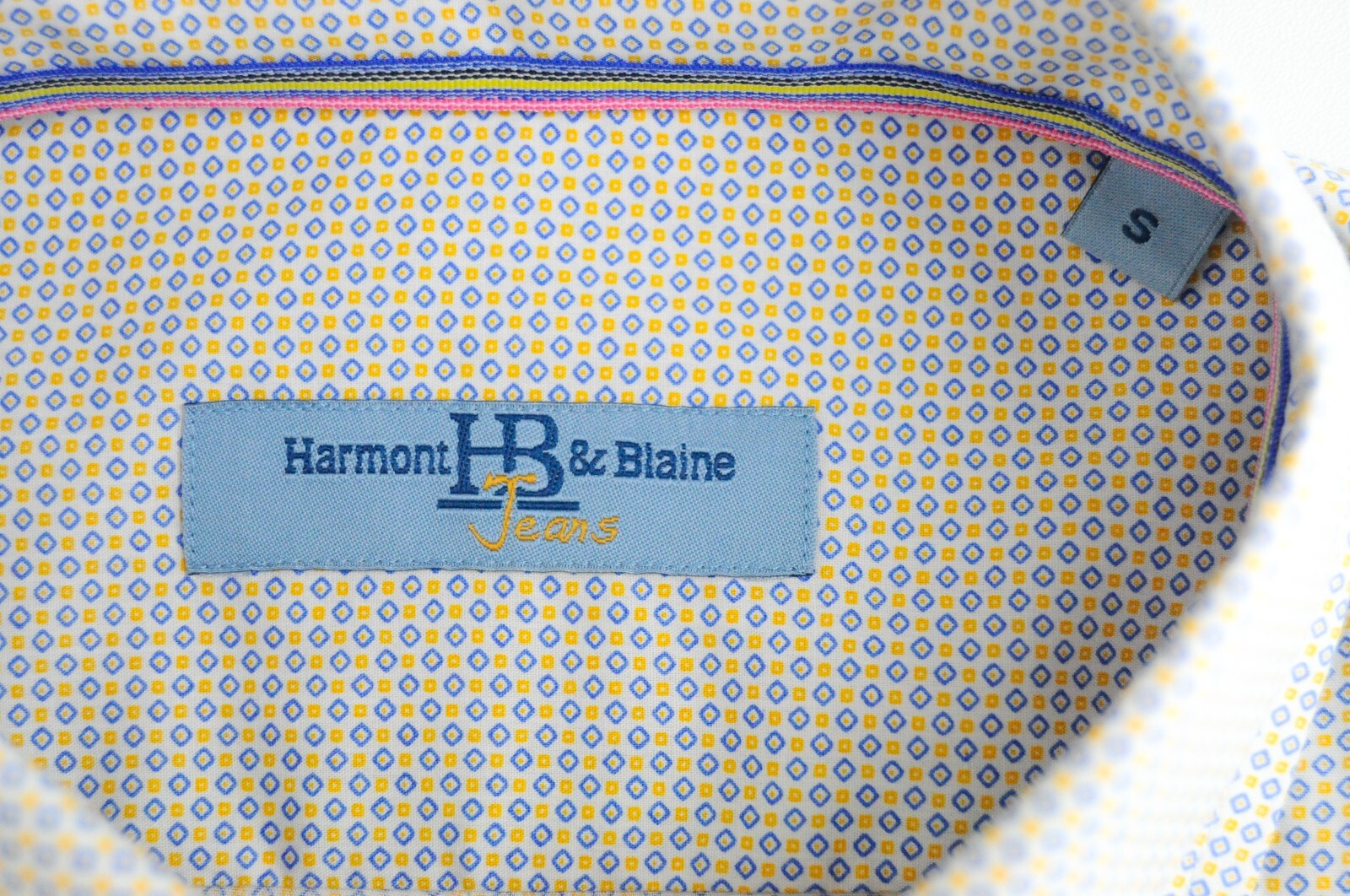 HARMONT & BLAINE S Shirt White Blue Yellow Pattern Cotton Long Sleeve Mens**