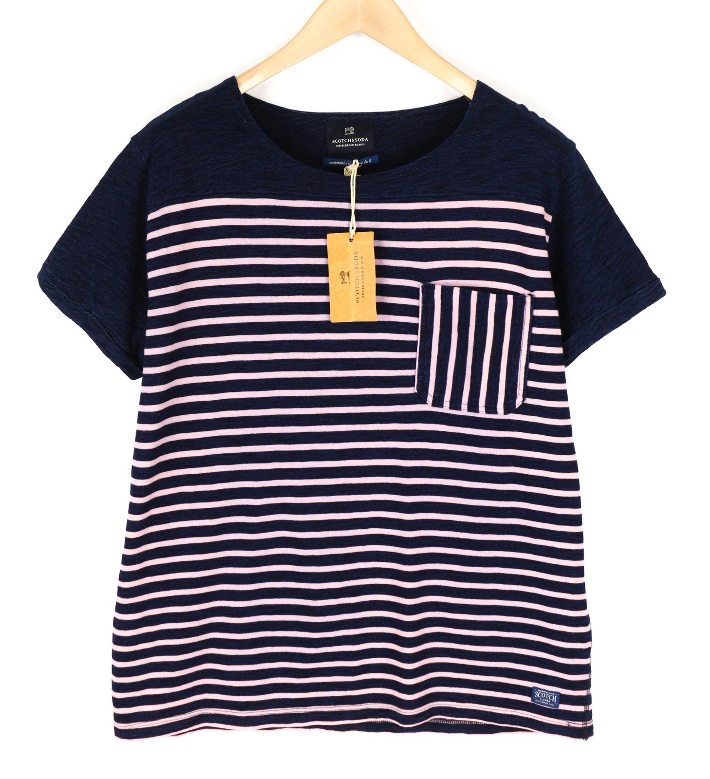 SCOTCH & SODA  Blauw Mens T-Shirt ~L Navy Blue Short Sleeve Striped Pullover