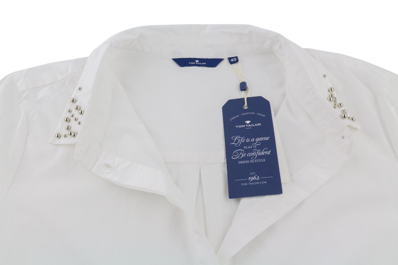 TOM TAILOR Womens Shirt 40 White  Cotton Long Sleeve Pearl Detailed Collar