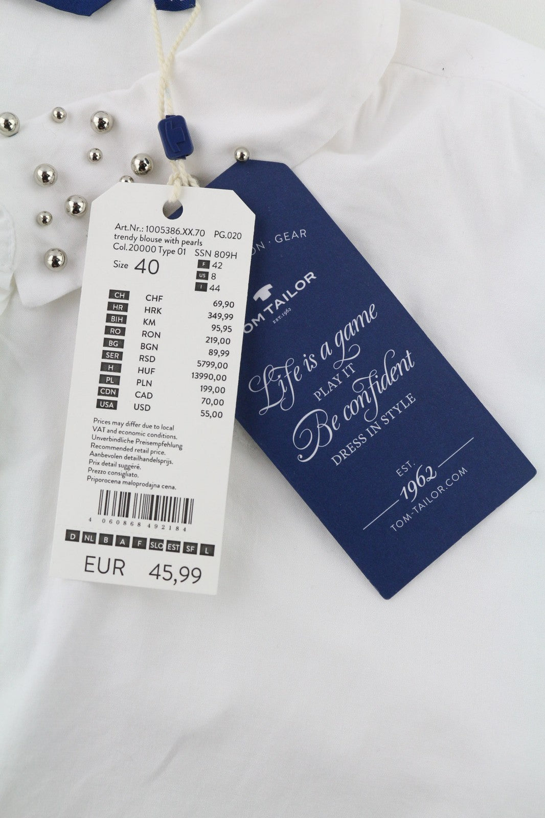 TOM TAILOR Womens Shirt 40 White  Cotton Long Sleeve Pearl Detailed Collar