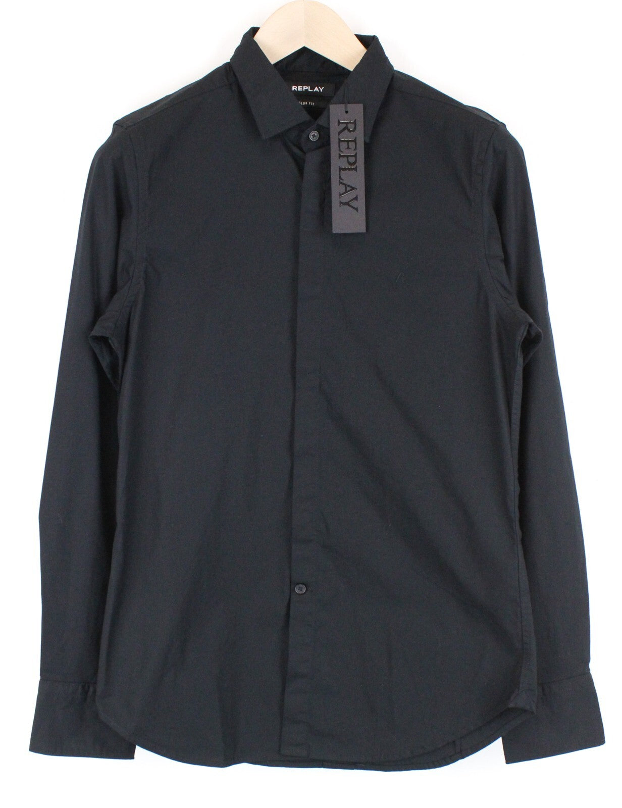 REPLAY S Black Shirt Mens Slim Stretch Cotton Collared Long Sleeve Button-Up