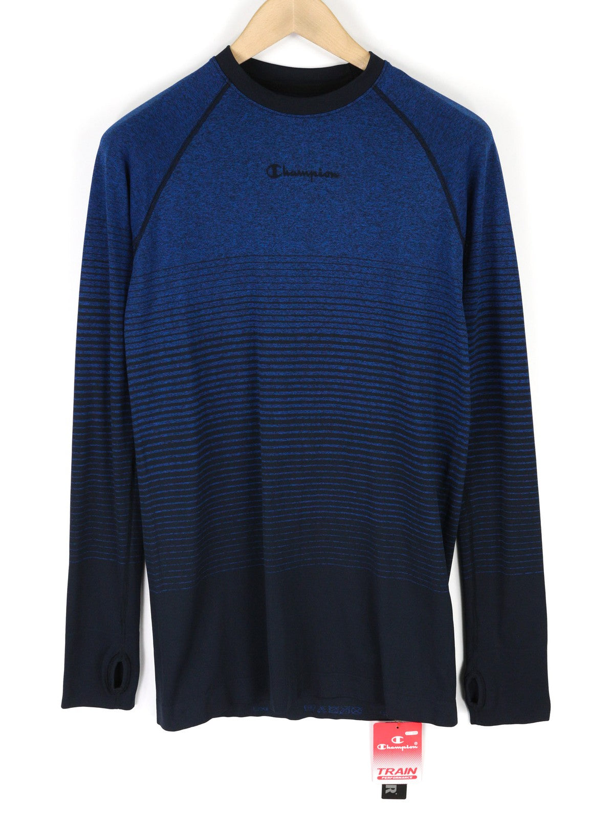 CHAMPION Mens T-Shirt L/XL Blue Sports Long Sleeve Pullover  Stretch