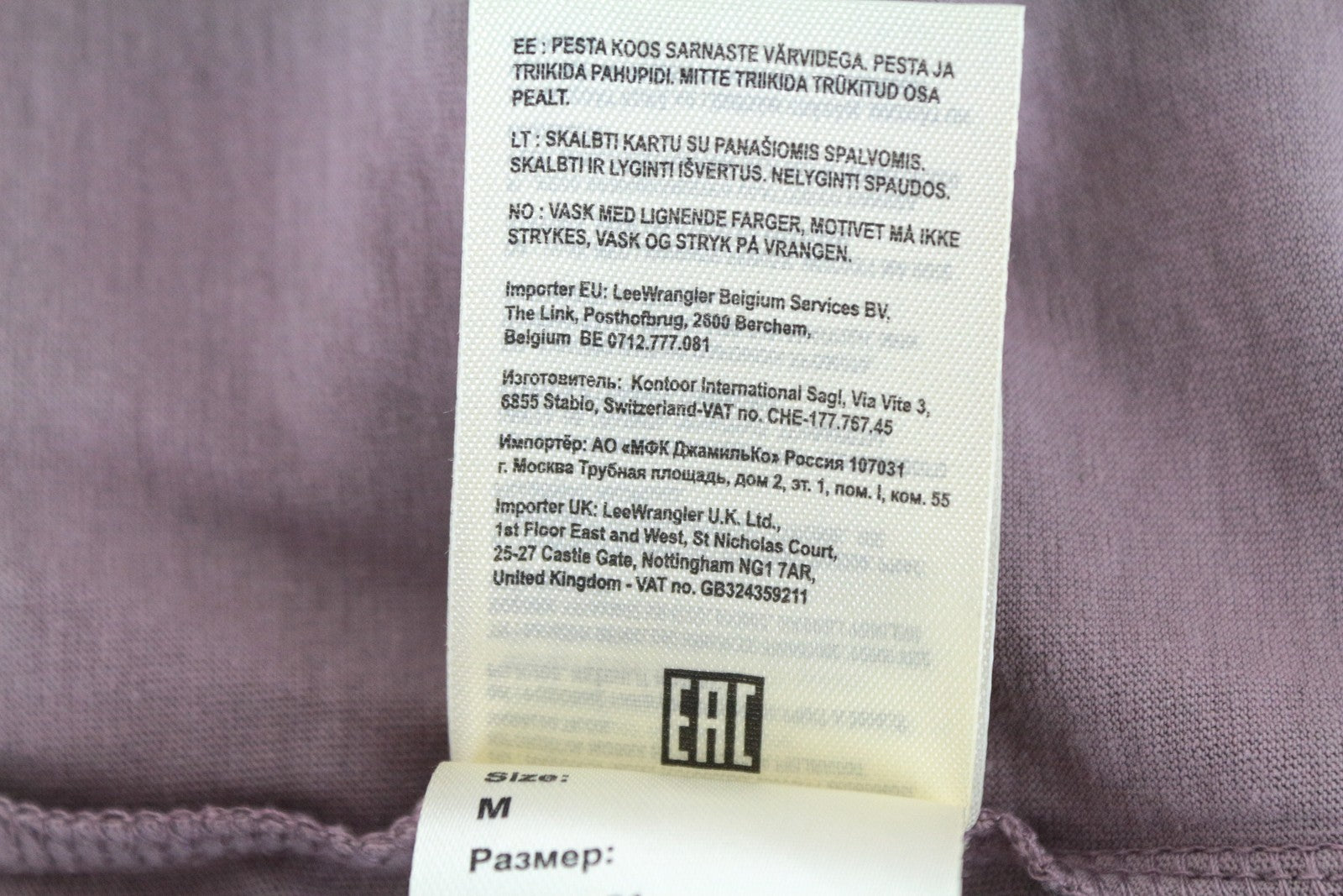 LEE Men's T-Shirt M Purple Washed Long Sleeve Cotton Pullover Loose Fit