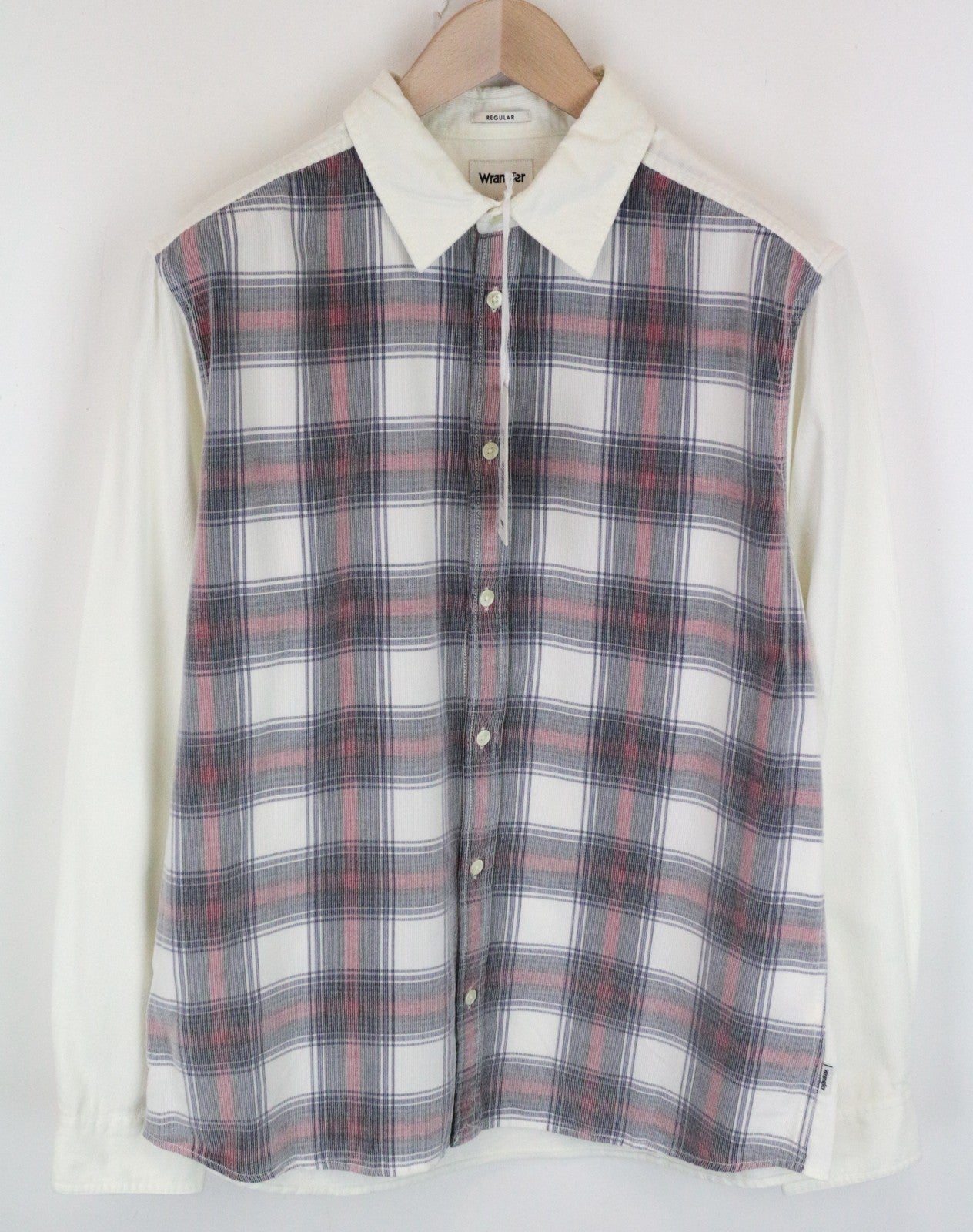 WRANGLER Men's M Shirt Corduroy Off-White Cotton Check Long Sleeve Buttoned