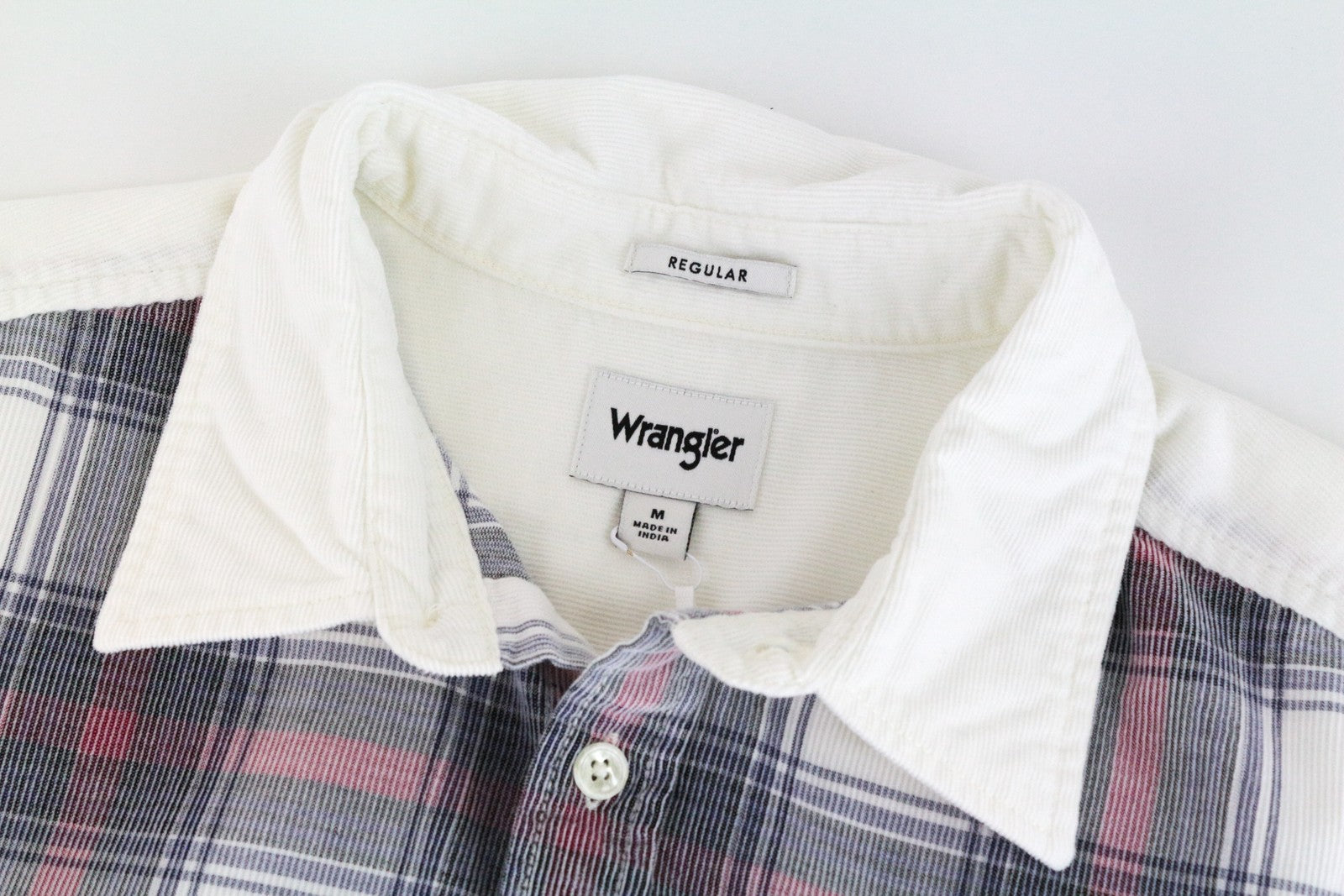 WRANGLER Men's M Shirt Corduroy Off-White Cotton Check Long Sleeve Buttoned