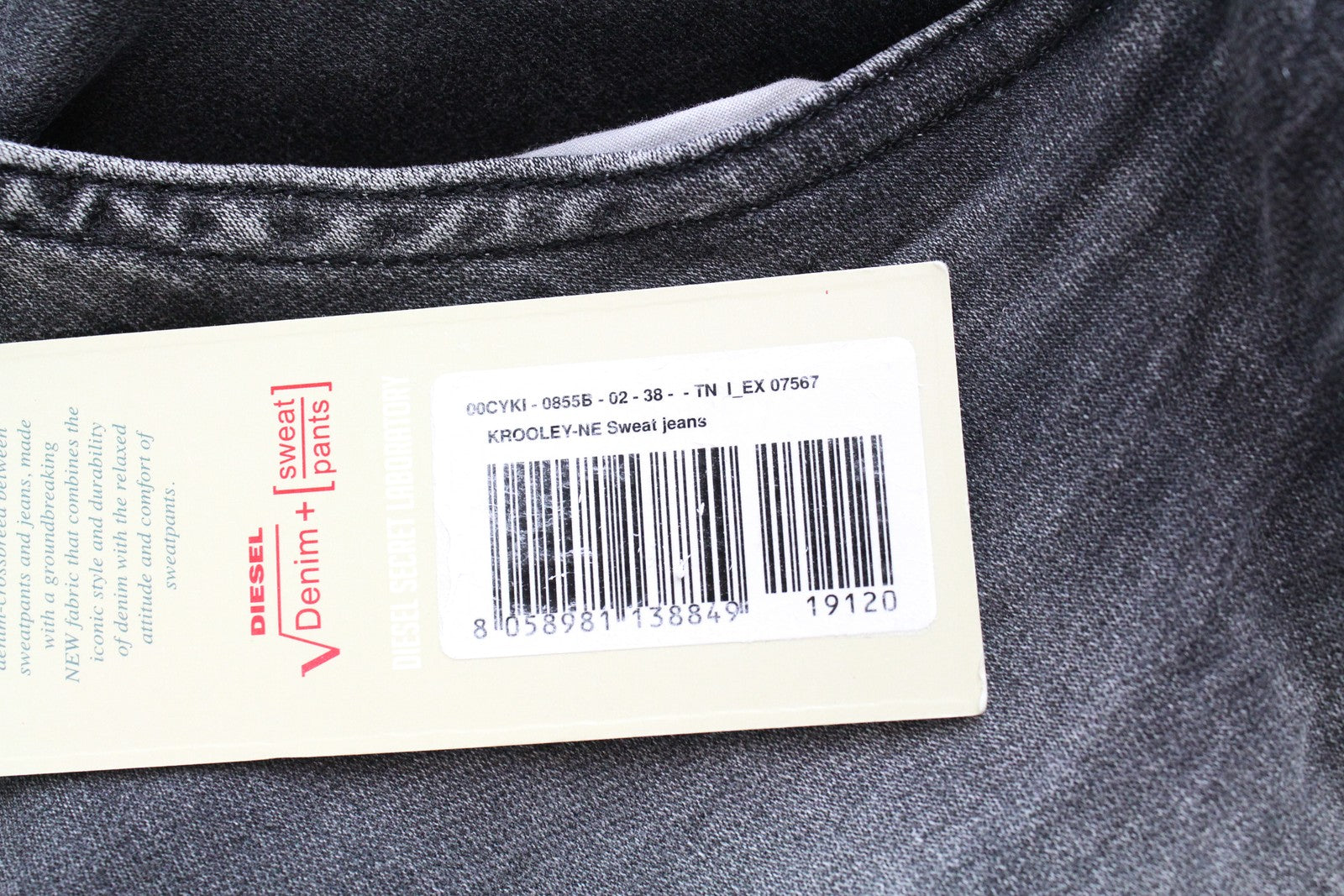 DIESEL Krooley-NE 0855B Men's W38 Slim Carrot Fit Jogg Mid-Grey Stretch Jeans