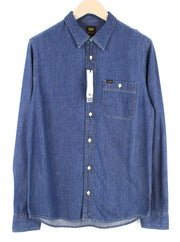 LEE Leesure Men's M Mid-Blue Denim-Look Shirt Classic Spread Button-Up