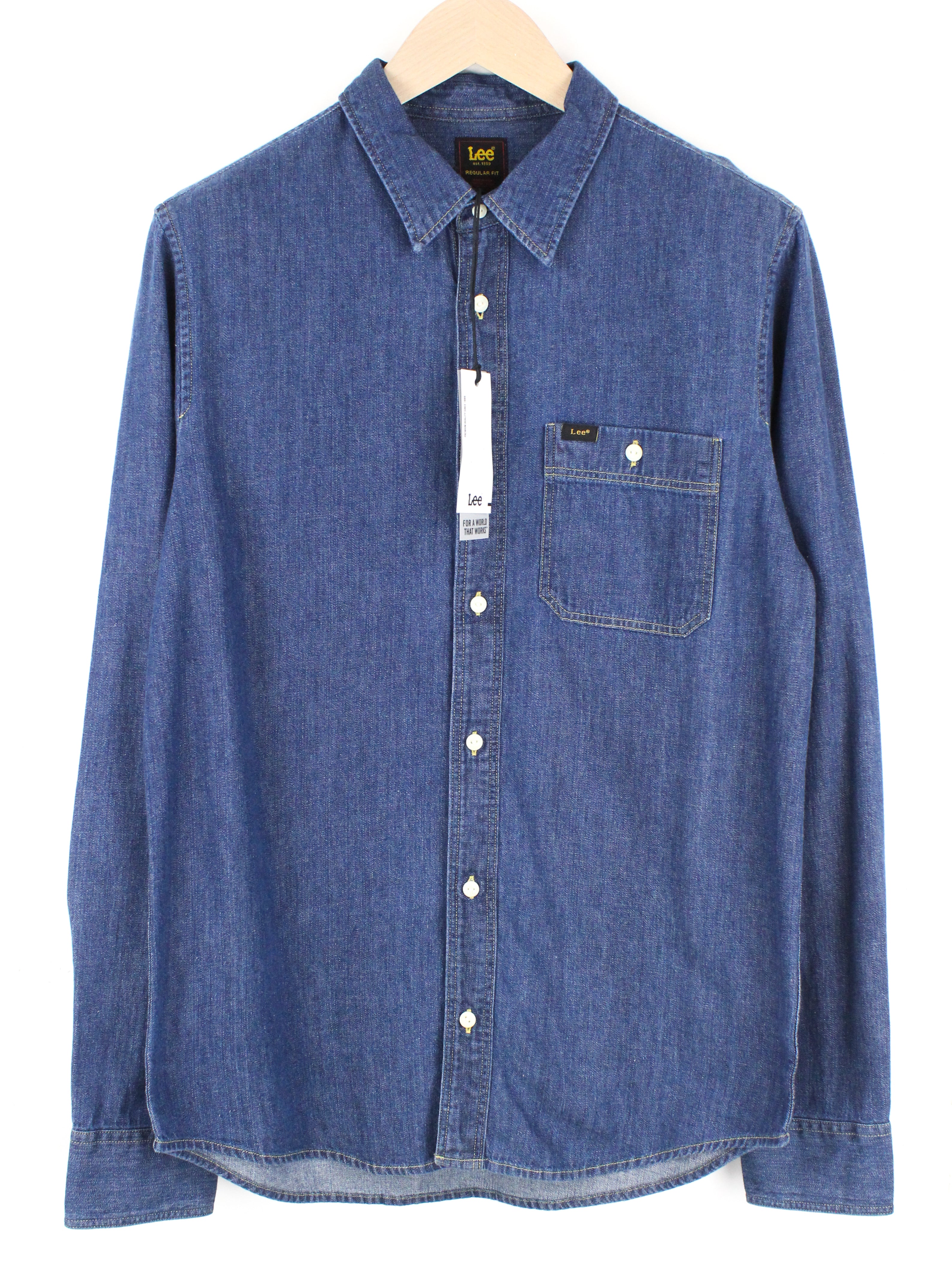 LEE Leesure Men's M Mid-Blue Denim-Look Shirt Classic Spread Button-Up