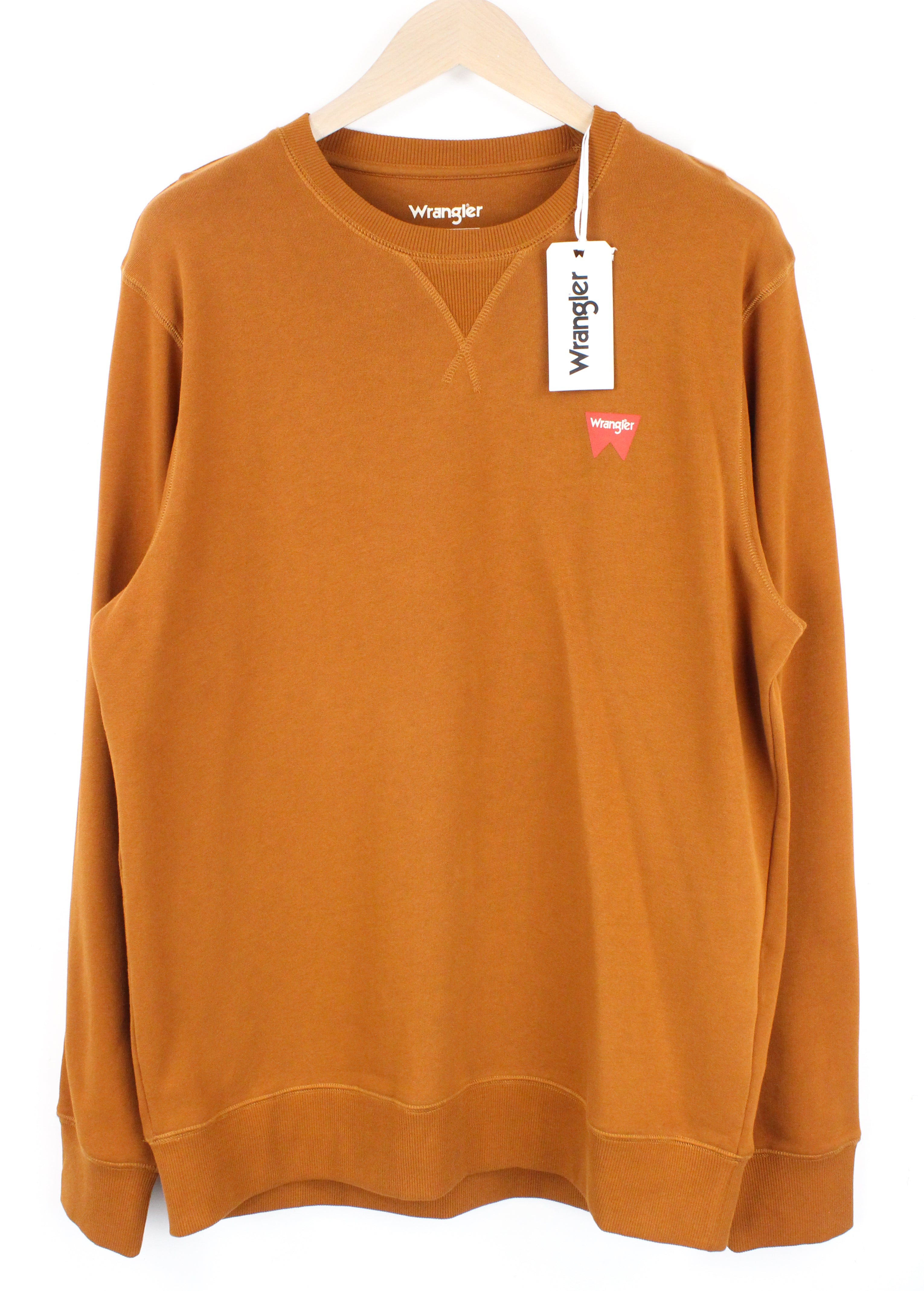 WRANGLER Men's M Nutmeg Brown Fleece Sweatshirt Crew Neck Logo Print