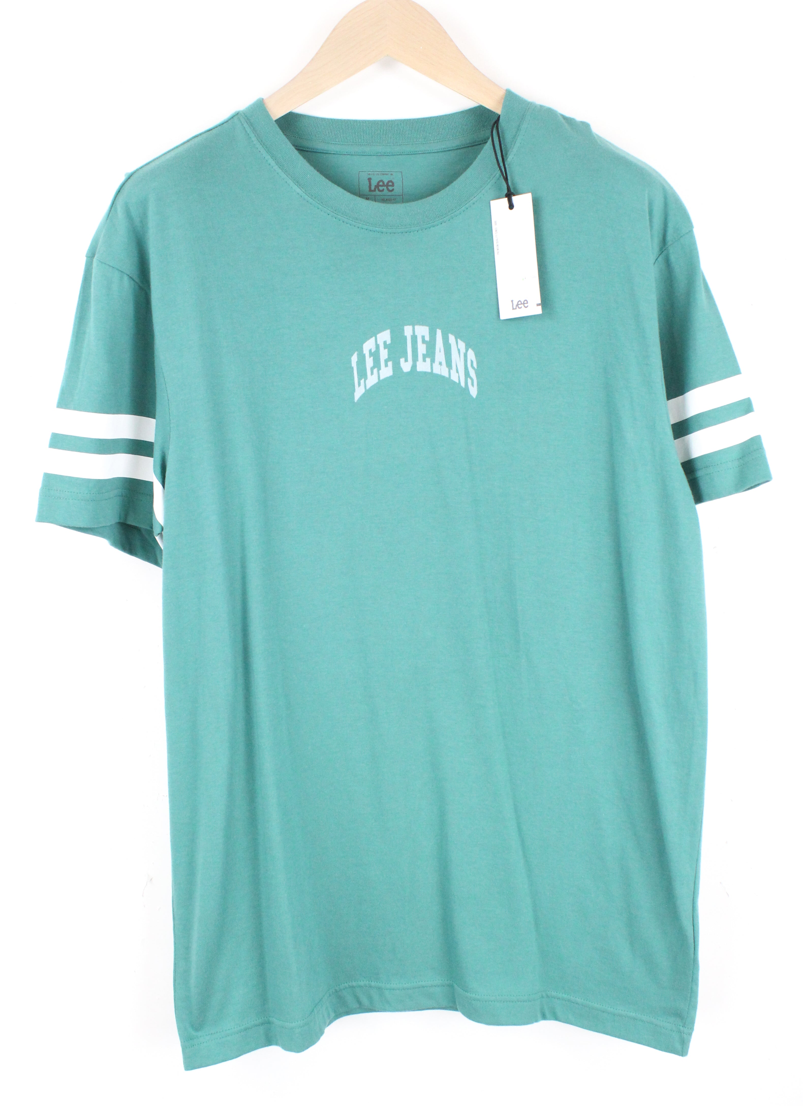 LEE Men's M Green College Sporty T-Shirt Striped Relaxed Fit Cotton Jersey