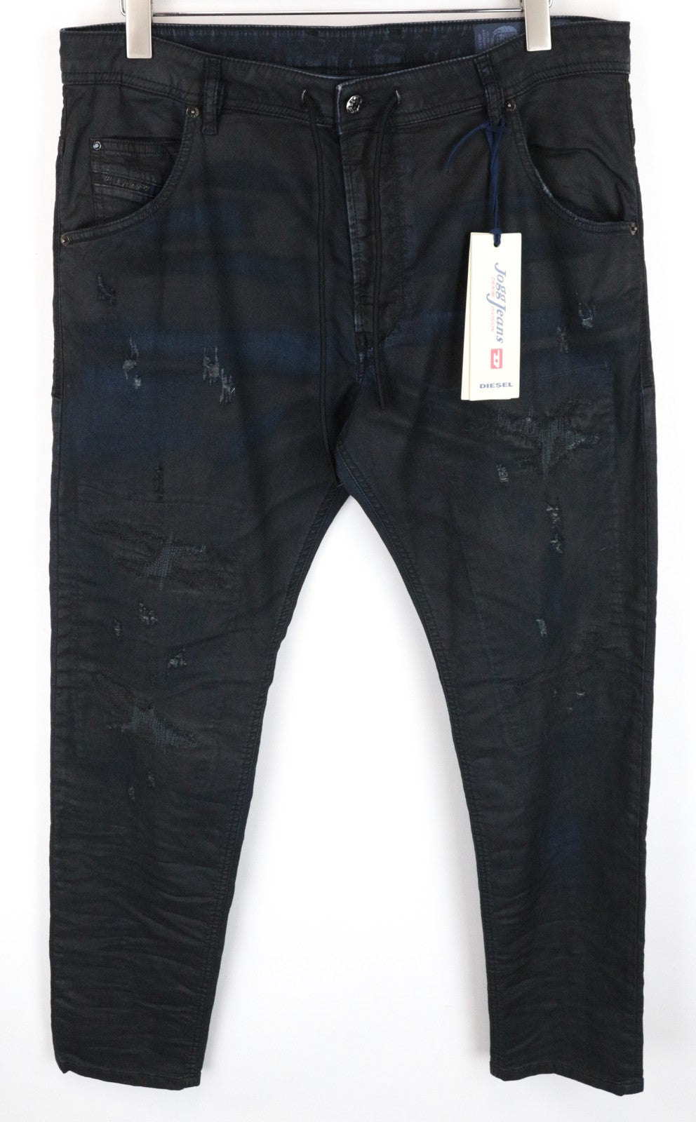 DIESEL Krooley CB-NE 0680B Men's W36 Navy Coated Sweat Jogg Slim Carrot Jeans