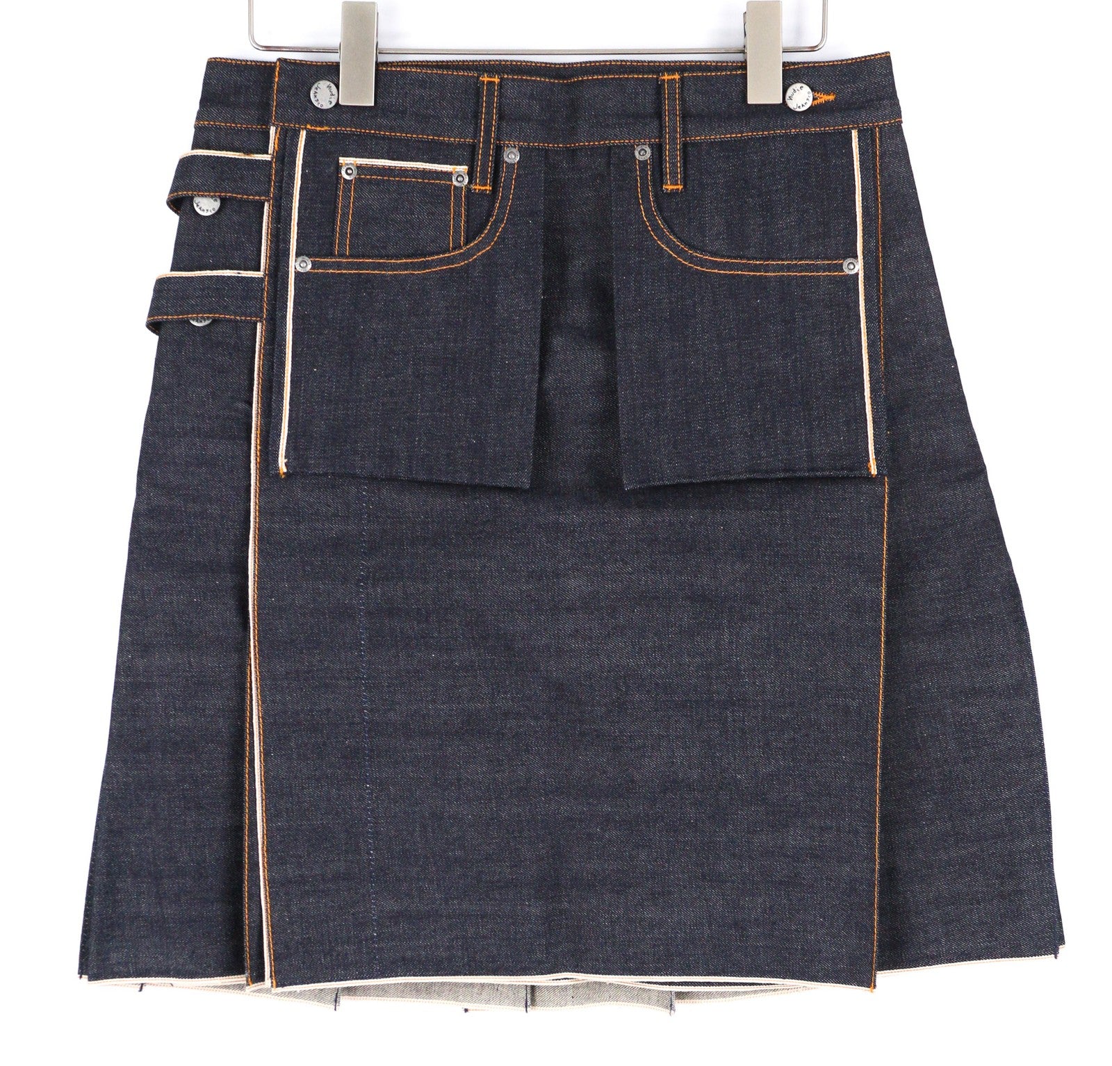 NUDIE Women Skirt M Selvedge Pleated Pockets Wrap Mini Buttoned Dark Blue Denim